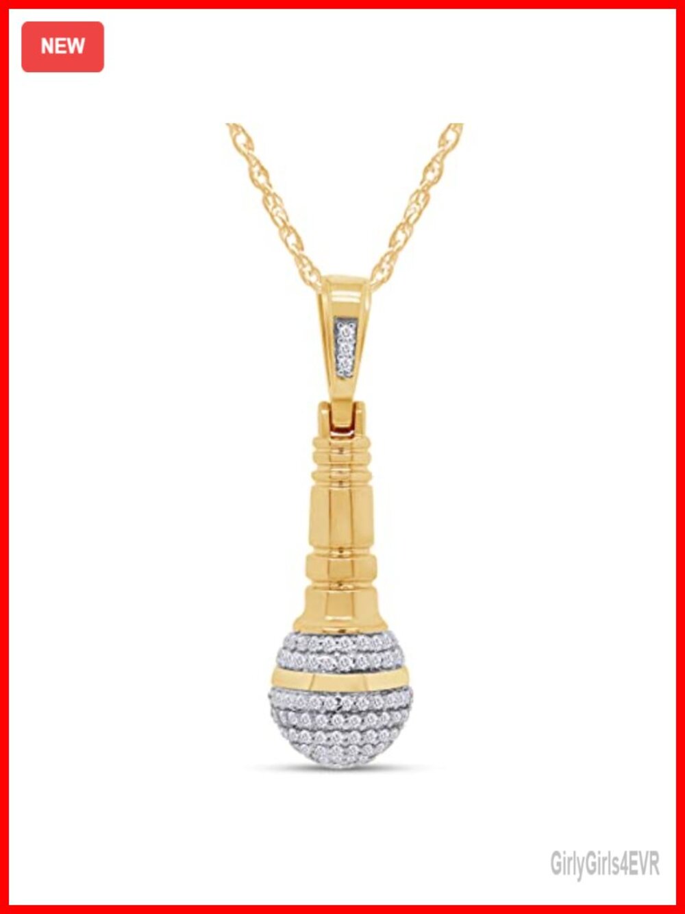 Microphone Pendant Necklace 14K Yellow Gold Over Sterling Silver CZ